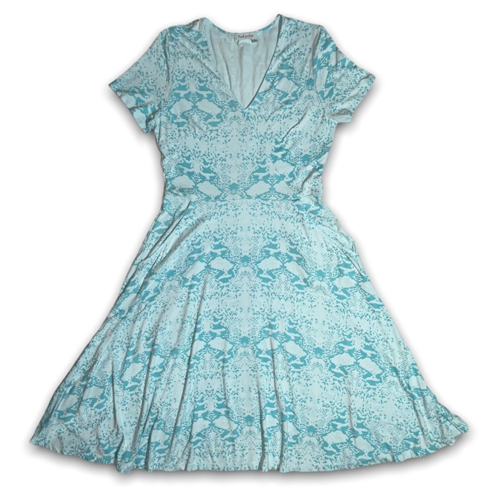 FRESH PRODUCE Coastal Faux Wrap Dress Teal Aqua Blue Reptile Snake Skin Print M - Picture 6 of 9